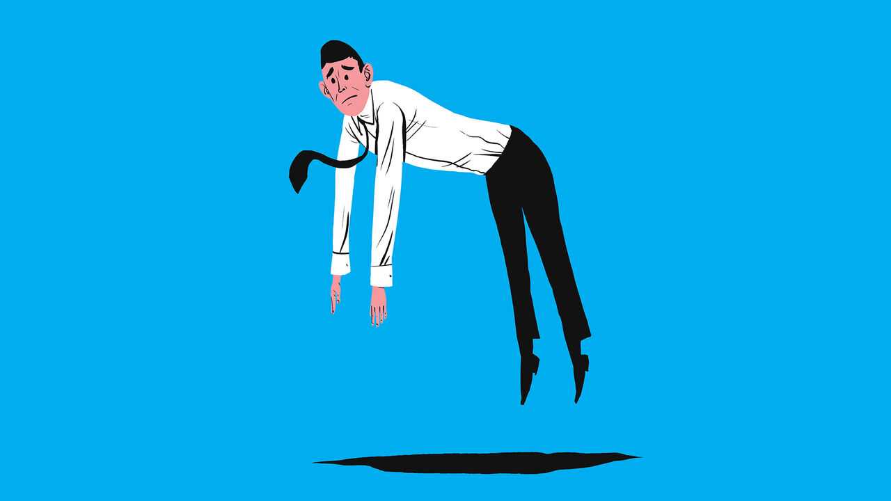 A person floating above a hole in the floor