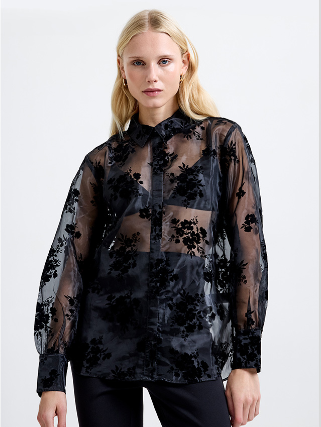 Mika Flocked Organza Floral Long Sleeve Shirt