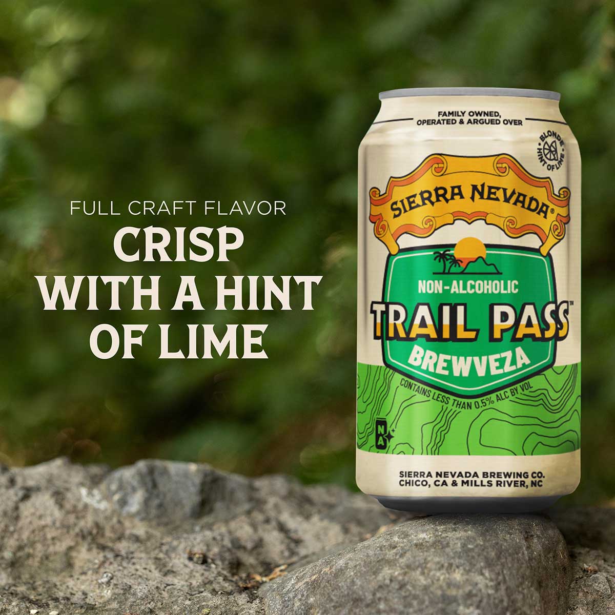 A can of Trail Pass Brewveza: full craft flavor, crisp with a hint of lime
