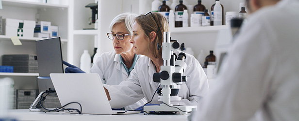 Medical researchers look at computer.