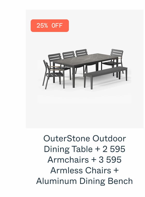 OuterStone Outdoor Dining Table + 2 595 Armchairs + 3 595 Armless Chairs + Aluminum Dining Bench