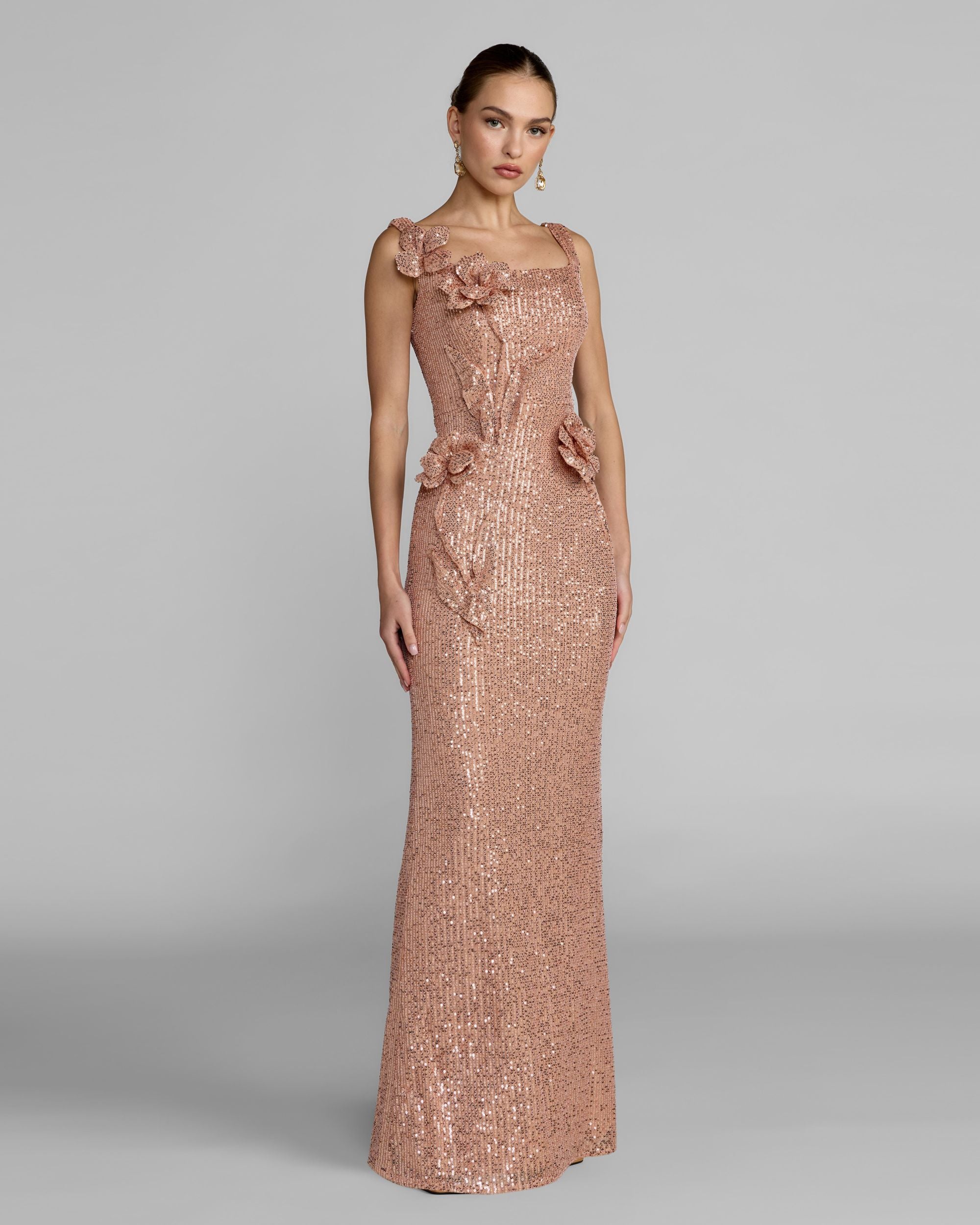 Image of Light Pink Sequin Column Gown With 3D Flowers