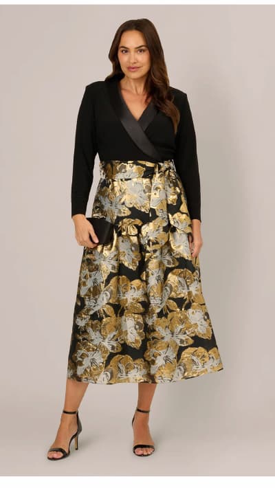 Plus Size Combo Floral Jacquard Dress In Black Gold