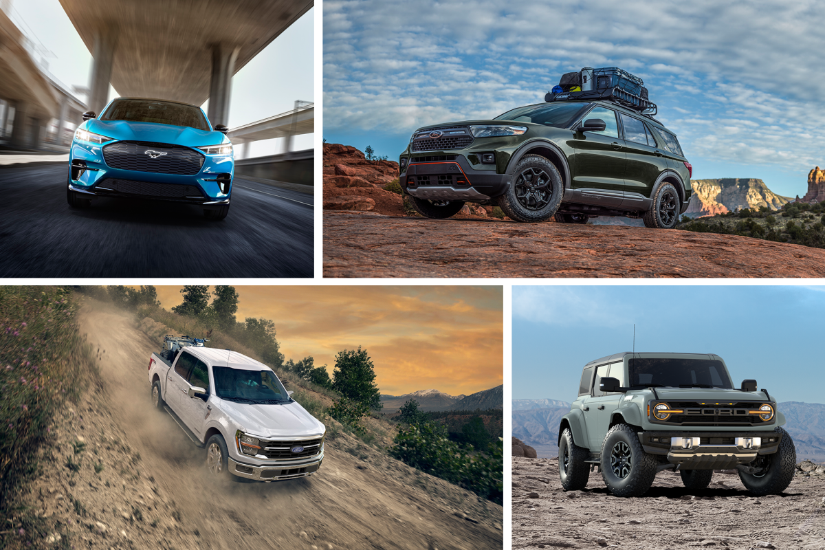 Composite image showing a Ford Mustang Mach‑E&reg; SUV being driven on a freeway, a Ford Explorer&reg; SUV parked on a rocky hilltop, a Ford F‑150&reg; truck being driven on a remote dirt road, and a Ford Bronco Raptor&reg; SUV parked with mountains in the background