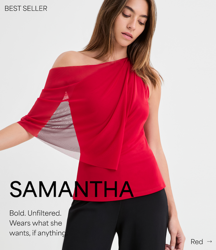 Rocio wears The Zinnia Top with sheer sleeve, described as “Bold. Unfiltered. Wears what she wants, if anything.”.