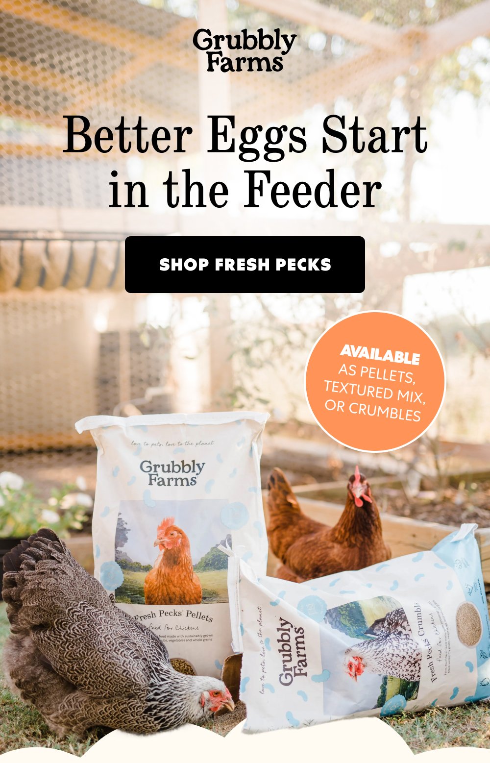 Better Eggs Start in the Feeder Shop fresh Pecks AVAILABLE as Pellets, Textured Mix, or Crumbles
