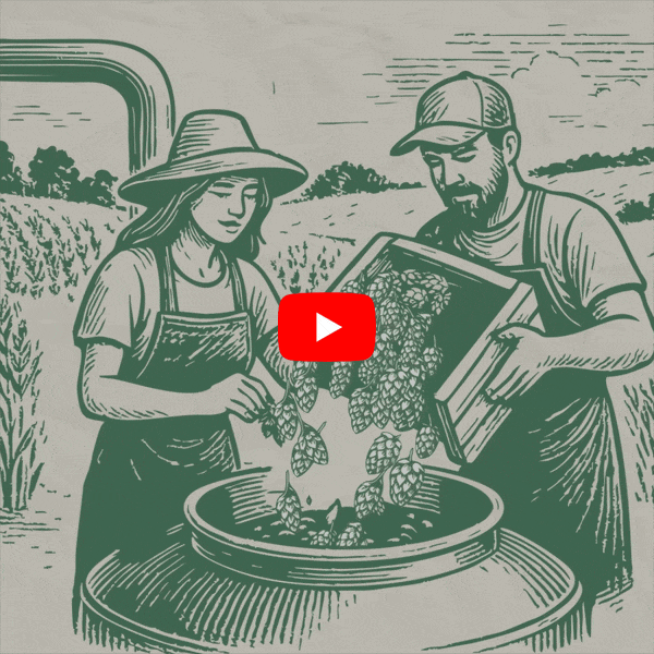 Two illustrated farmers pouring hops into a vessel