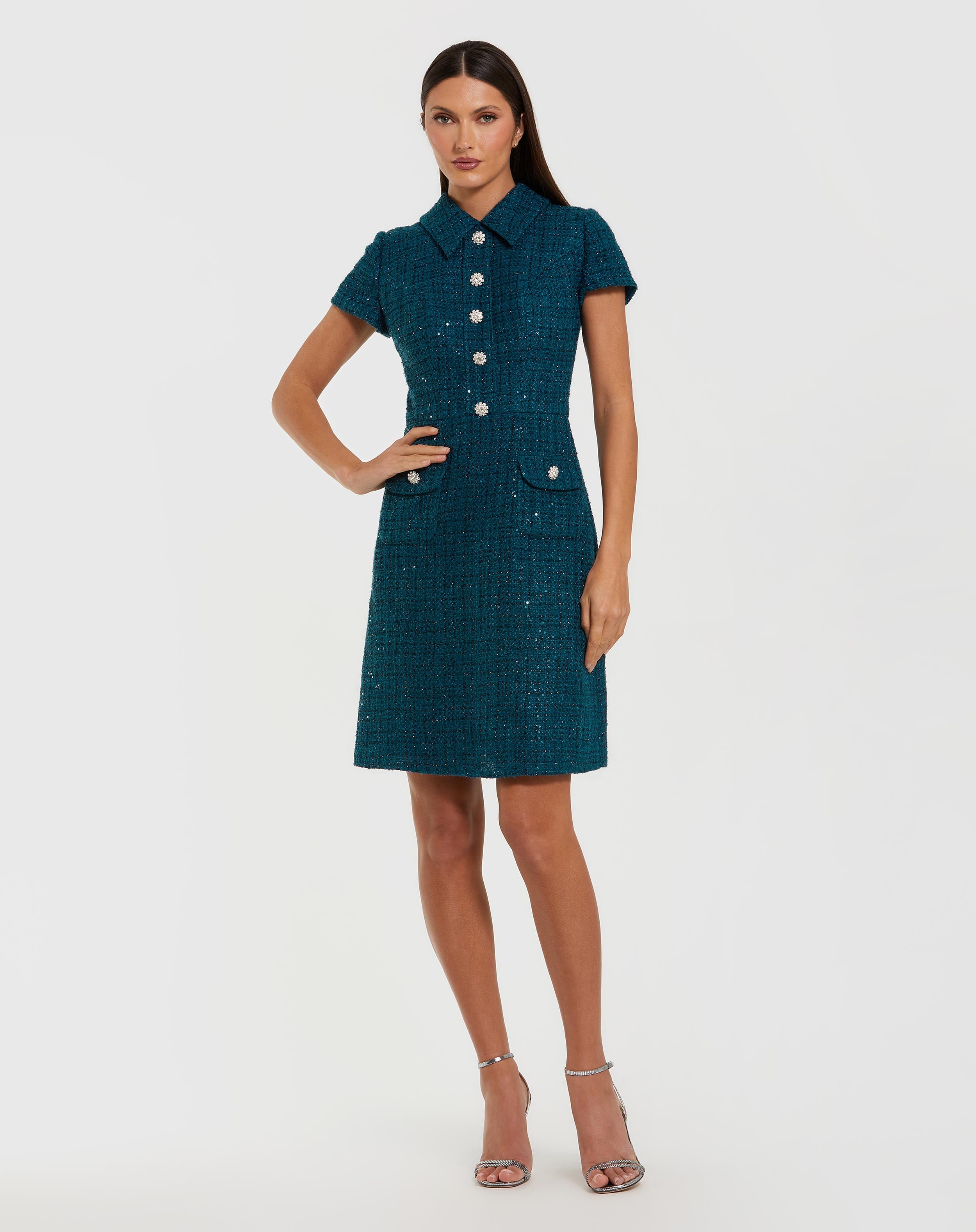 Image of Teal Short Sleeve Collared Boucle Mini Dress