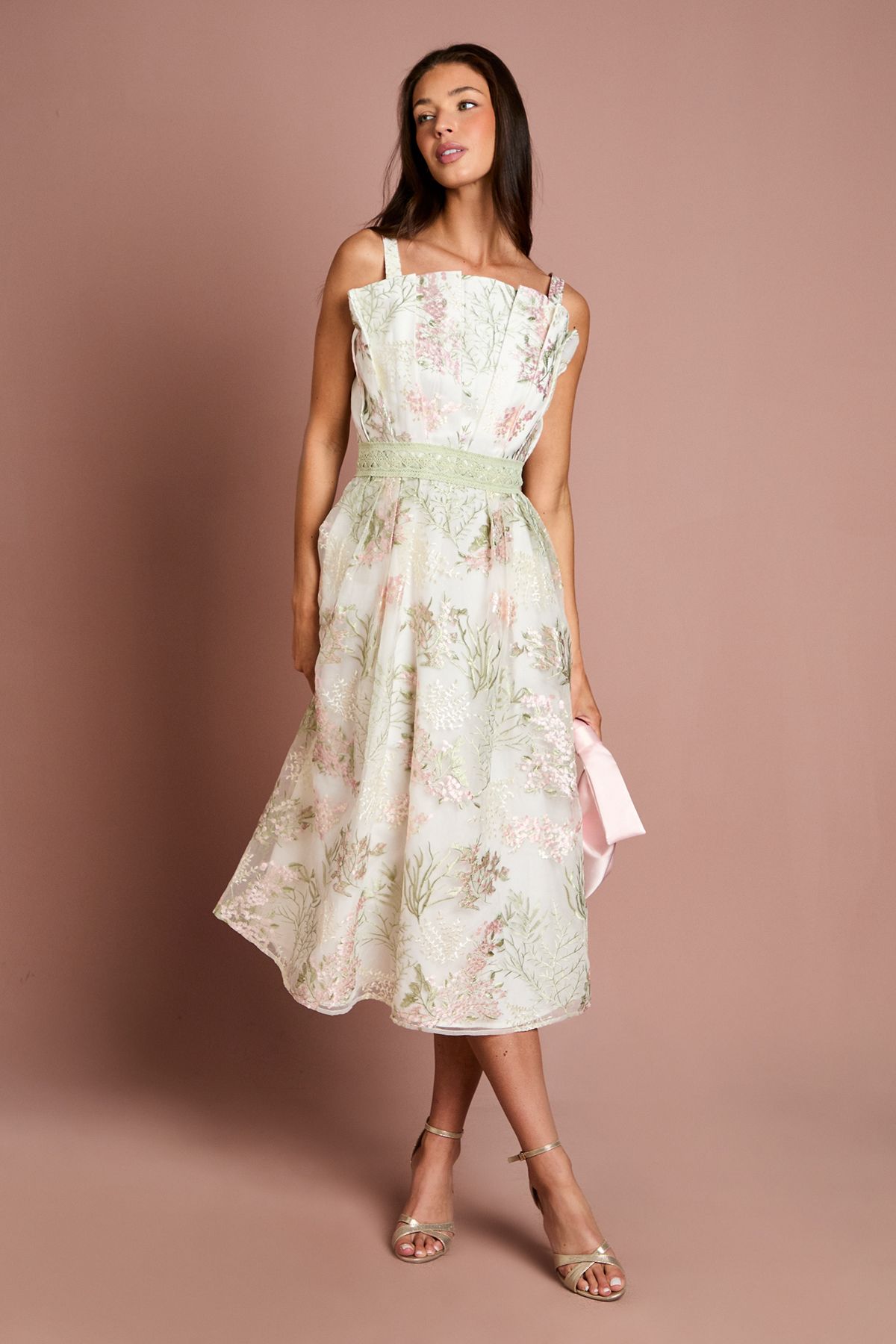 Fan Bodice Embroidered Mesh Midi Dress