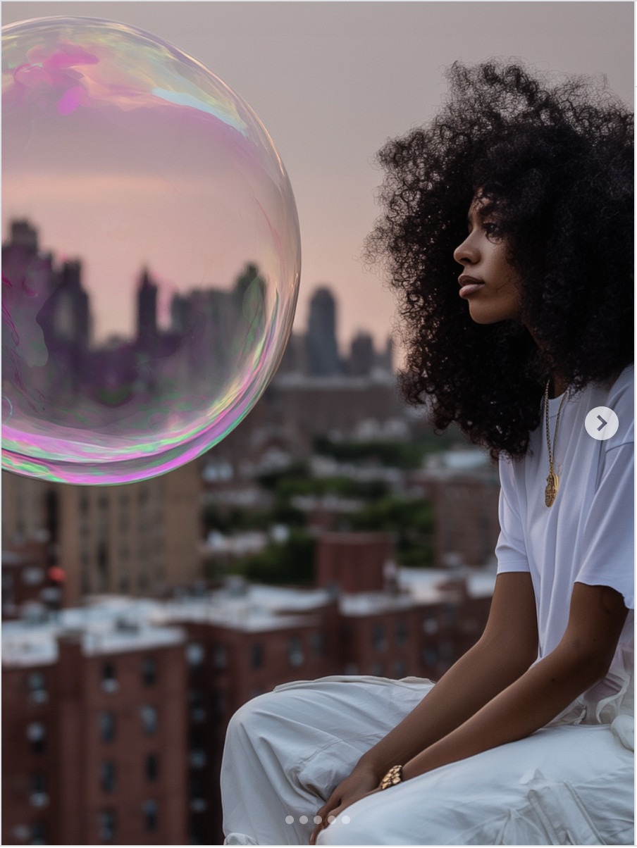 Black woman sits in profile, facing a large bubble