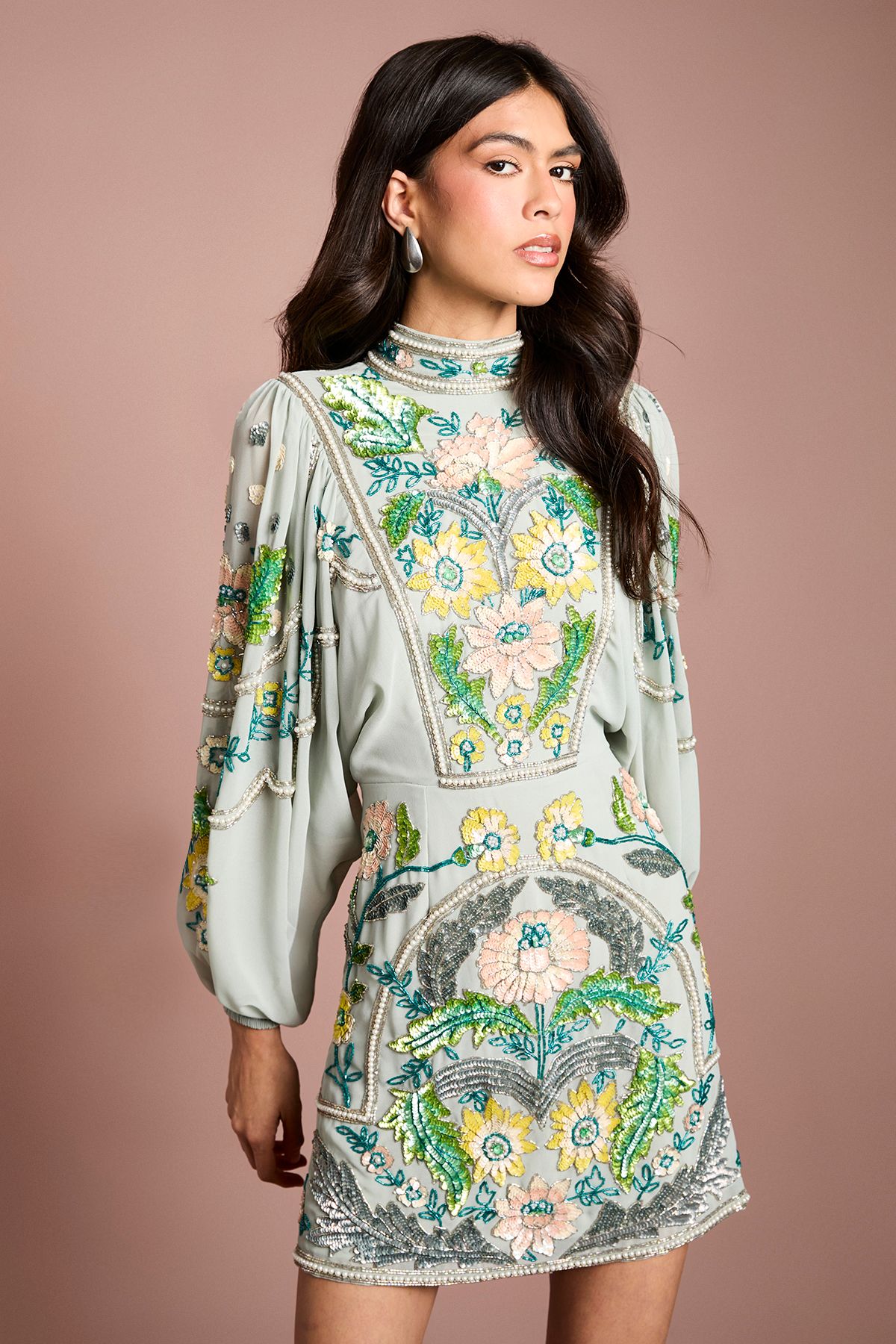 Muse Long Sleeve Batwing Embellished Mini Dress