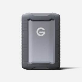 A dark grey rugged portable hard drive.