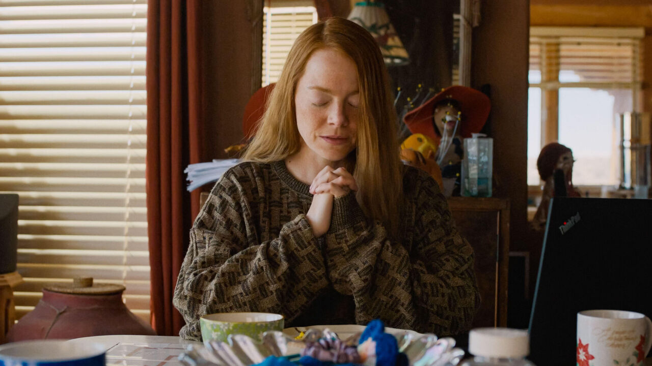 Emma Stone in a scene from Eddington.