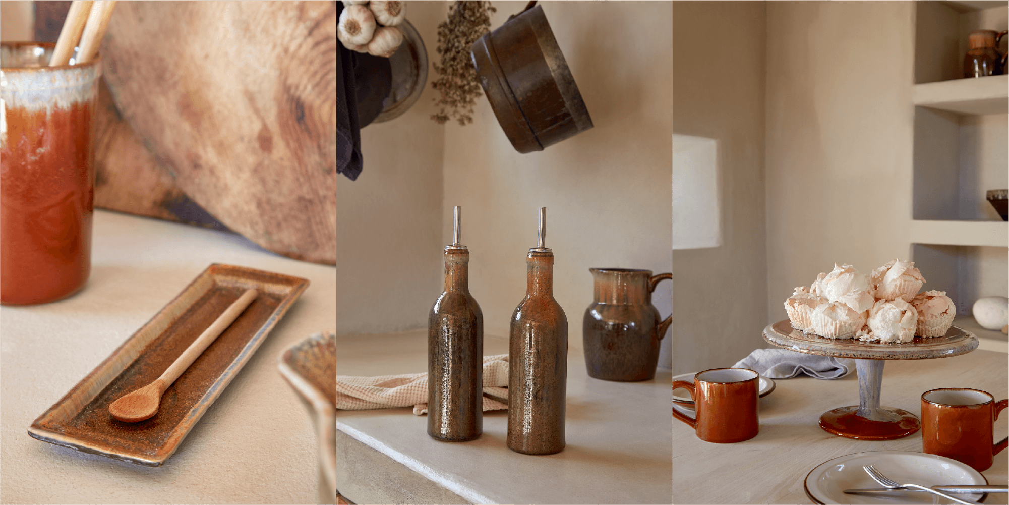 Composite of three rustic kitchen photos: a tray with a wooden spoon and a glass of juice, oil and vinegar bottles with a pitcher in the background, and a table with meringues, terracotta mugs and plates