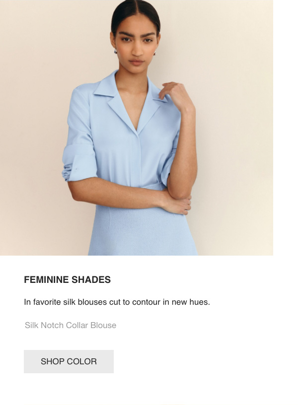 FEMININE SHADES - In favorite silk blouses cut to contour in new hues. - Silk Notch Collar Blouse - [SHOP COLOR]