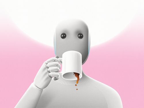 Robot holding a coffee cup upside down.