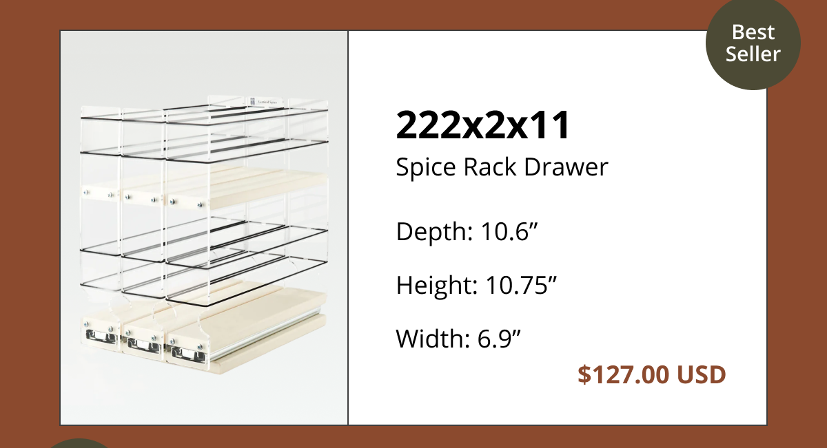 Compact pull-out spice rack drawer 222x2x11 with sliding rails, designed for efficient kitchen cabinet organization