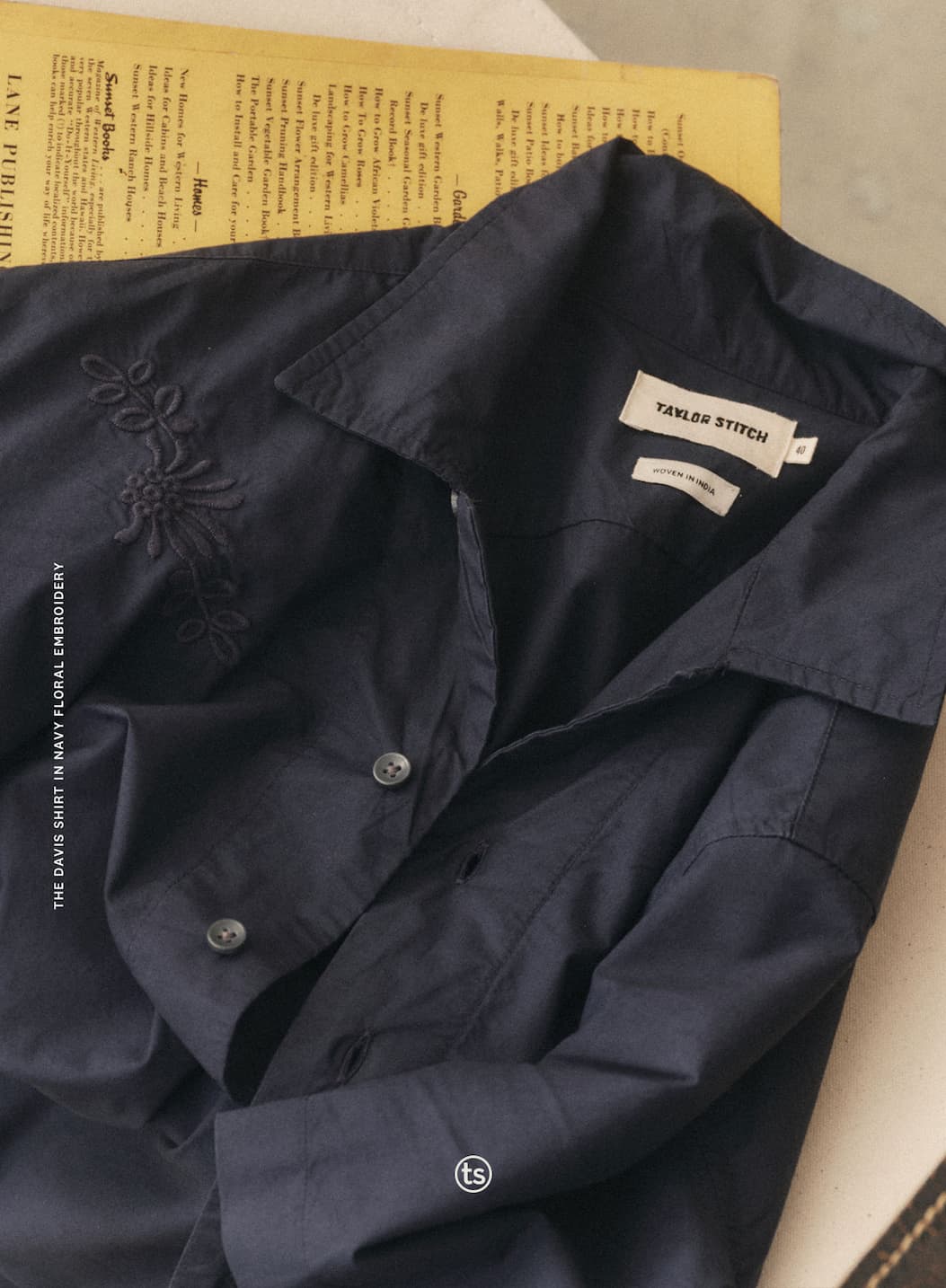 The Davis Shirt in Navy Floral Embroidery. 