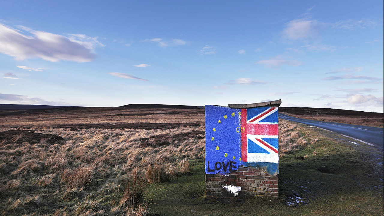 A pro-EU mural painted on a concrete bus stop on the North York Moors