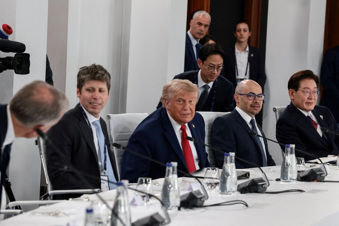 U.S. President Donald Trump, OpenAI CEO Sam Altman, Google DeepMind CEO Demis Hassabis and South Korea’s President Lee Jae Myung attend a working lunch with G7 leaders, G7 outreach partners and global tech CEOs on innovation and AI during the G7 Summit in Evian-les-Bains, France.