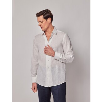 White Pure Linen Slim Shirt - One Piece Collar - Full Cutaway