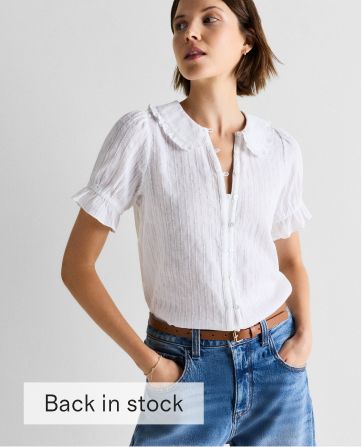 Embroidered Cotton Ruffle Collar Short Sleeve Blouse