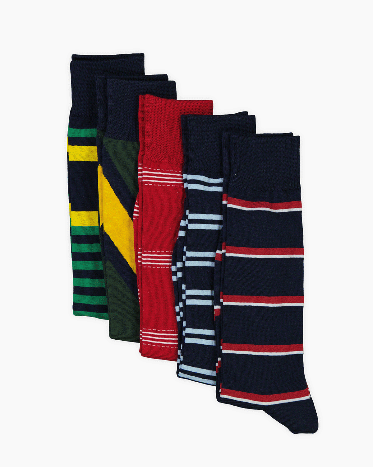GIF rotating two images showing various pairs of colored and striped socks 