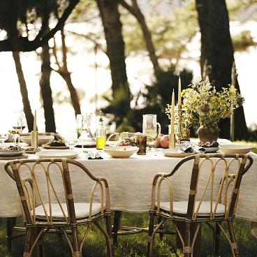 Elegant dining table arranged beneath trees.