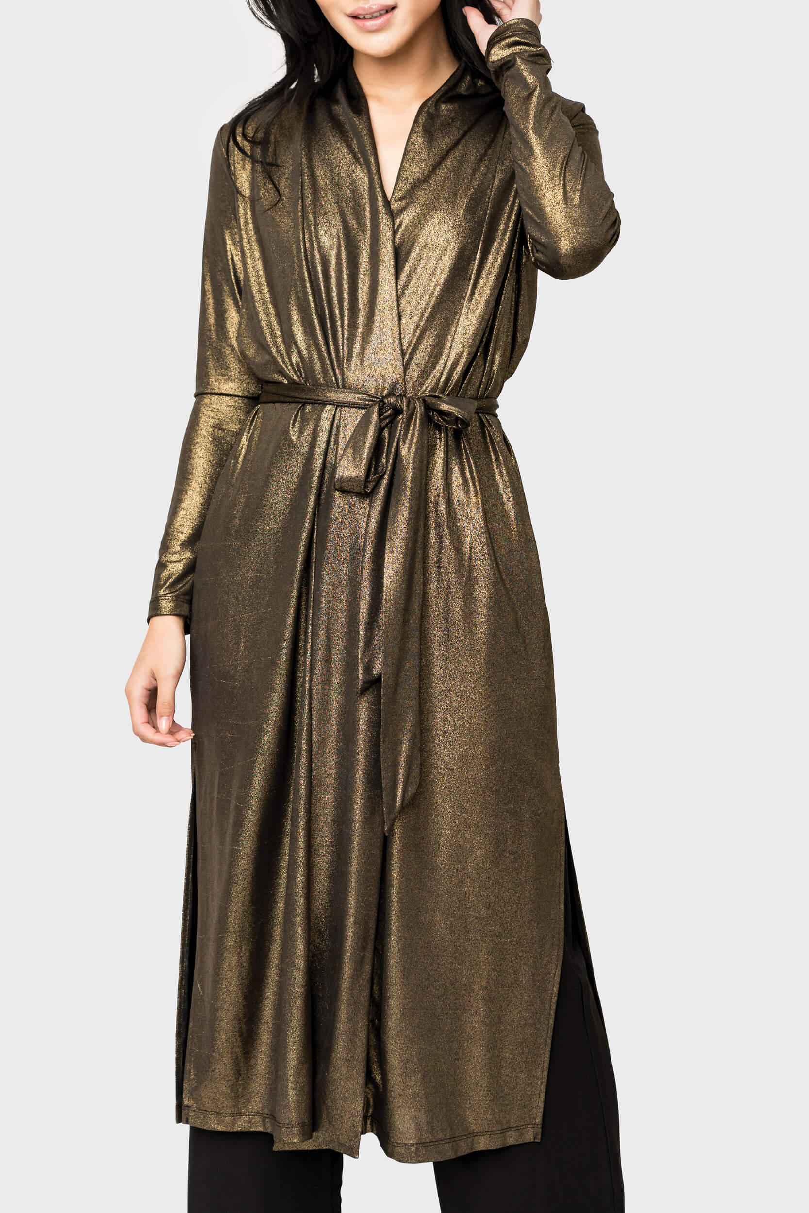 Image of Foil Knit Duster with Self-Tie Belt