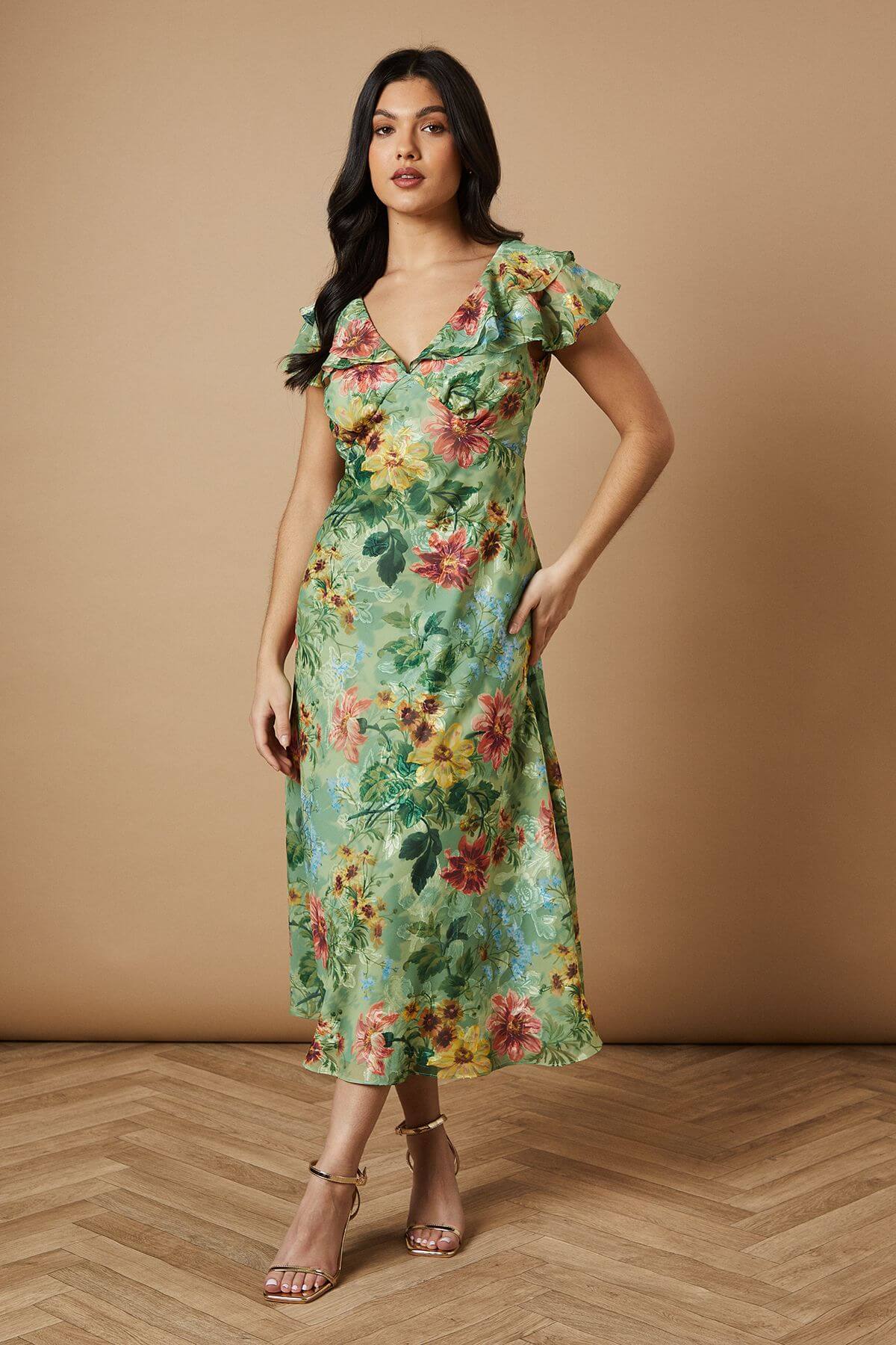 Floral Satin Burnout Ruffle Midi Dress