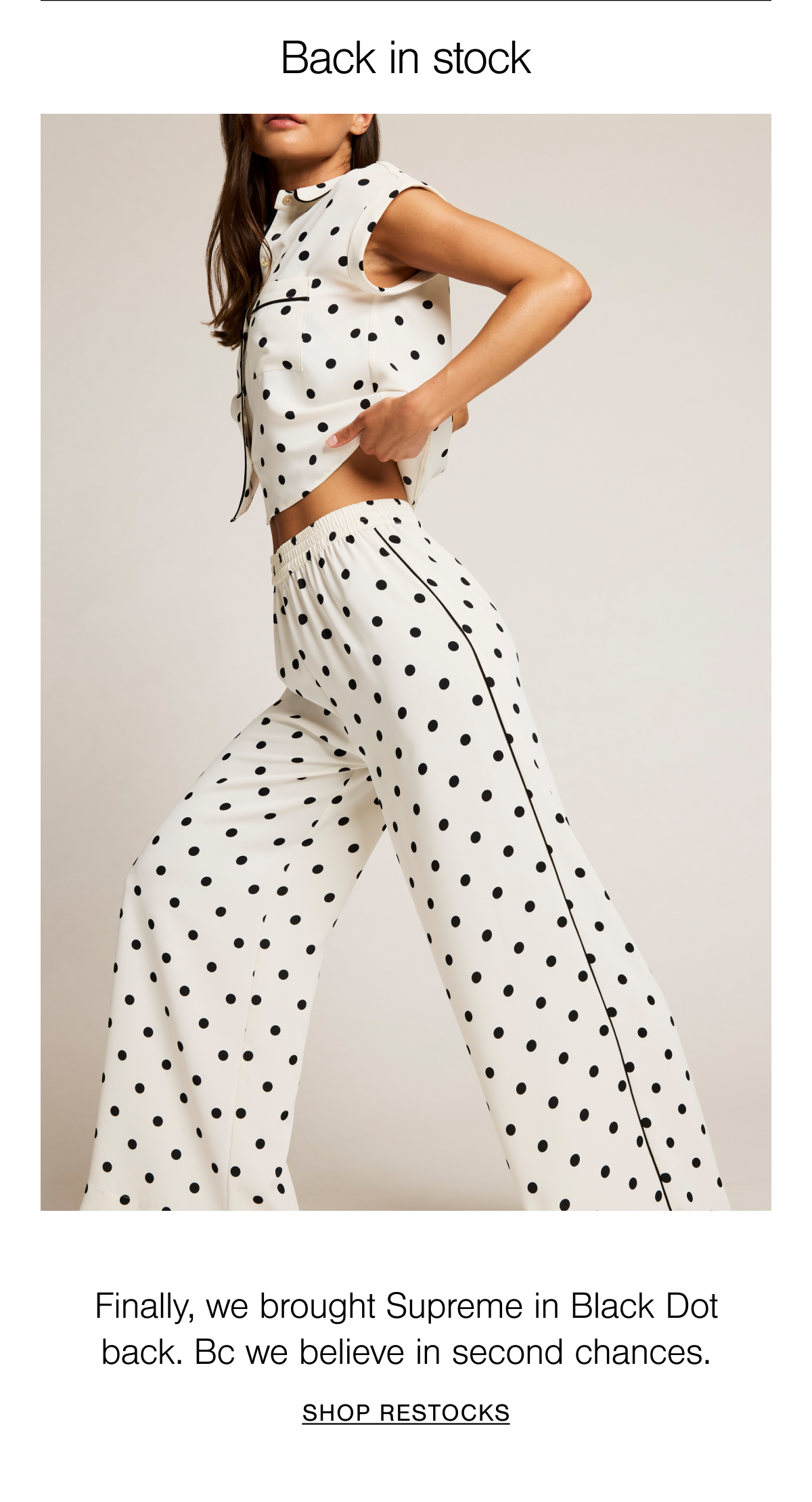 Featuring back in stock Supreme Sleepwear in Black Dot. Black Dot is a midnight sky black polka dot on a pearl-white base.
