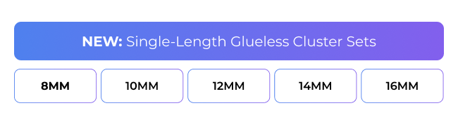 Single-length glueless lash cluster options displayed as selectable buttons in 8mm, 10mm, 12mm, 14mm, and 16mm.