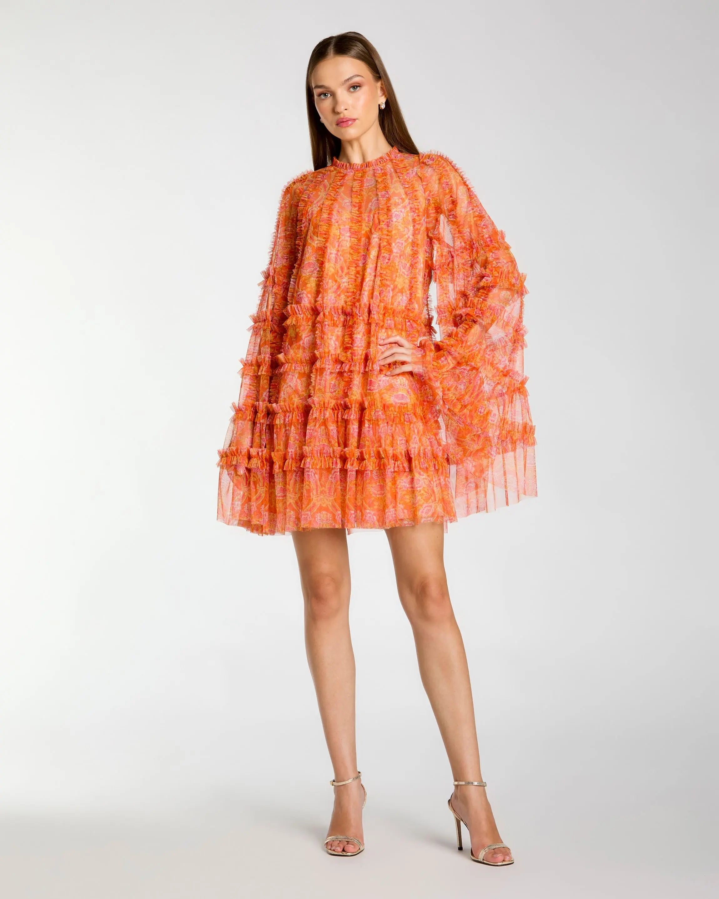 Image of Orange Floral Ruffle Long Sleeve Mini Dress