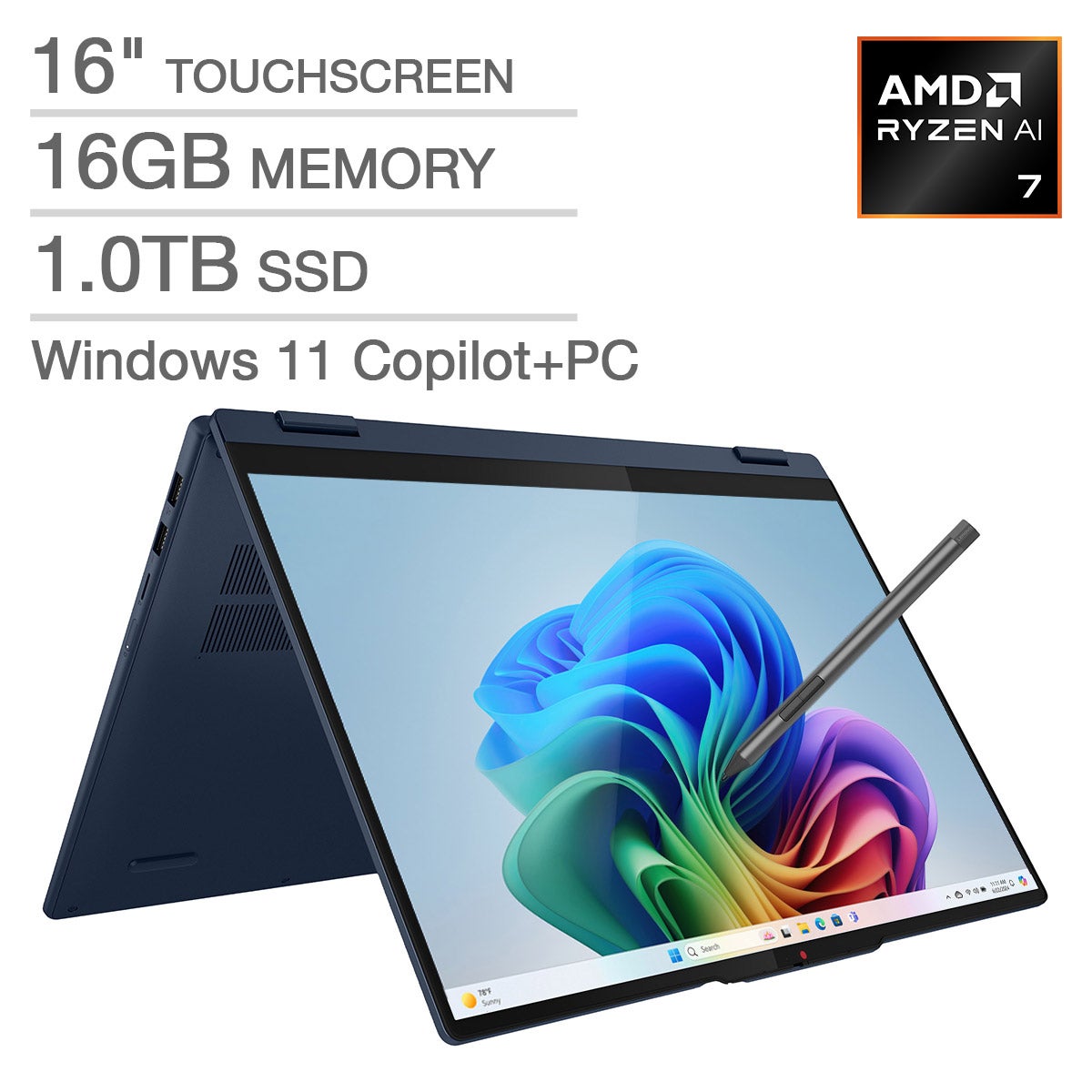Lenovo IdeaPad 5 16-inch Touchscreen 2-in-1 CoPilot+ PC Laptop with AMD Ryzen AI 7 Processor