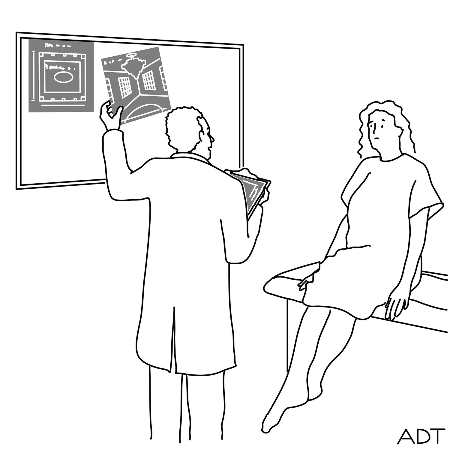 A doctor uses a light board to shows a gowned patient pictures of the White House interior. 
