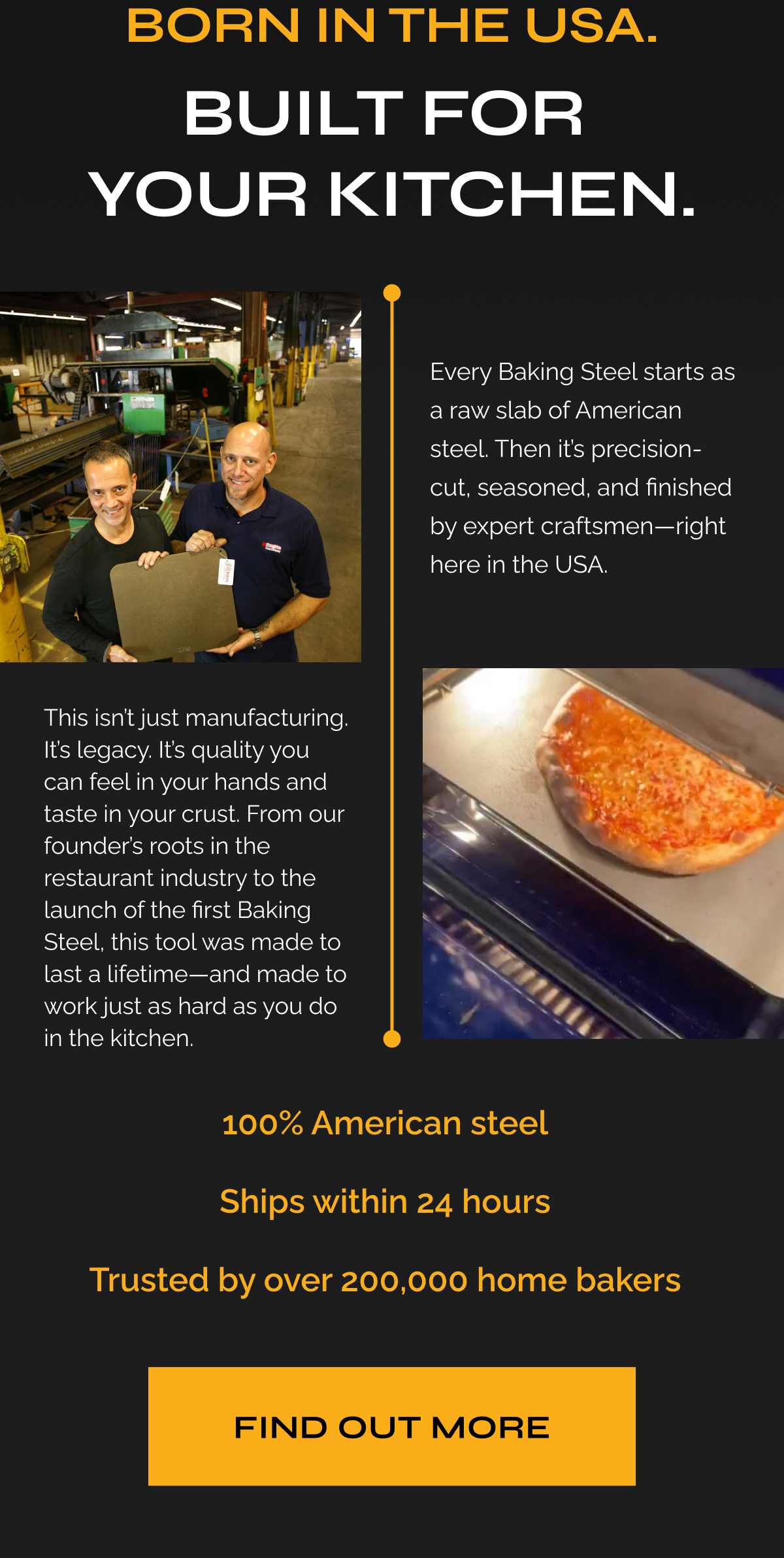 Born in the USA. Built for Your Kitchen. "Every Baking Steel starts as a raw slab of American steel. Then it’s precision-cut, seasoned, and finished by expert craftsmen—right here in the USA.  This isn’t just manufacturing. It’s legacy. It’s quality you can feel in your hands and taste in your crust. From our founder’s roots in the restaurant industry to the launch of the first Baking Steel, this tool was made to last a lifetime—and made to work just as hard as you do in the kitchen.  [Bullet] 100% American steel [Bullet] Ships within 24 hours [Bullet] Trusted by over 200,000 home bakers" Find Out More