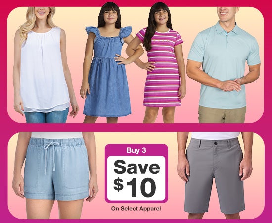 Buy 3 save $10 on select apparel