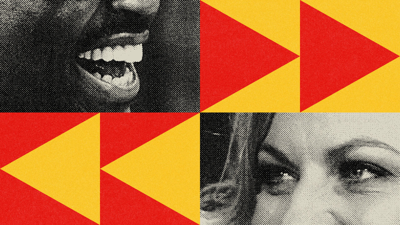 Graphic collage of a mouth next to a microphone and a woman's eyes.  