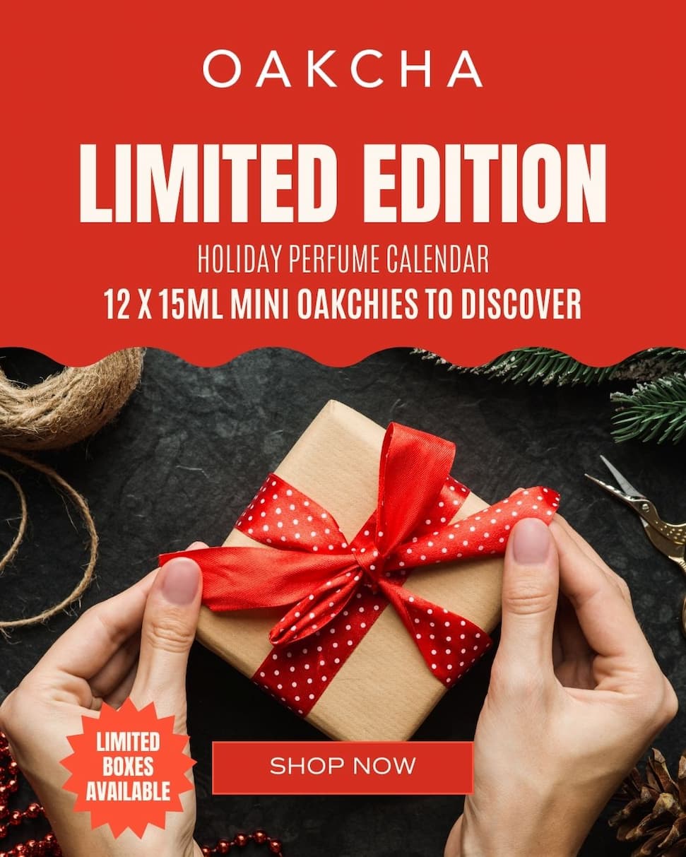 Oakcha.  Limited Eidition 12pc Holiday Perfume Calendar. 12x15 ml Oakcha Bottles. Limited Quantity. No Restocks. Shop Now