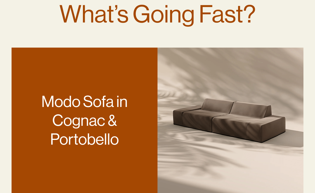 What’s Going Fast? Modo Sofa in Cognac & Portobello