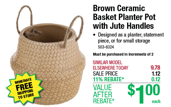 Brown Ceramic Basket Planter Pot with Jute Handles - ONLY $1 After Rebate*!