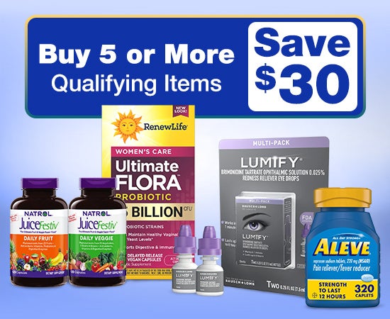 Buy 5 or more qualifying items, Save $30