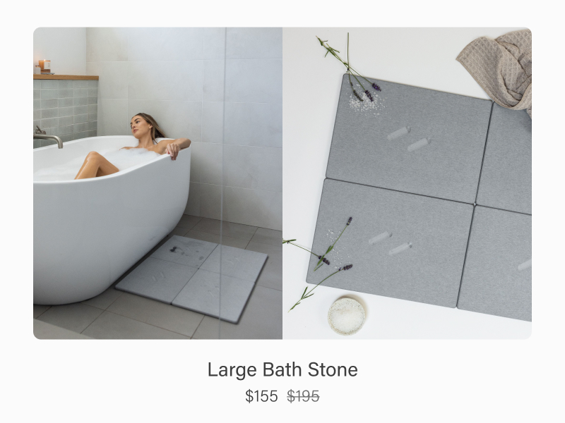 Large Bath Stone mat shown next to bathtub with close up of absorbent stone surface now $155