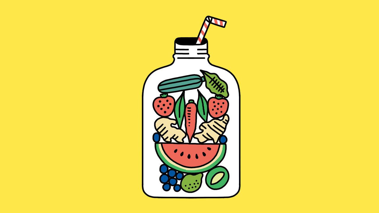 Illustration of bottle filled with drawings of fruits and vegetables, including a carrot, strawberries, watermelon, grapes, and ginger, with a striped straw on top