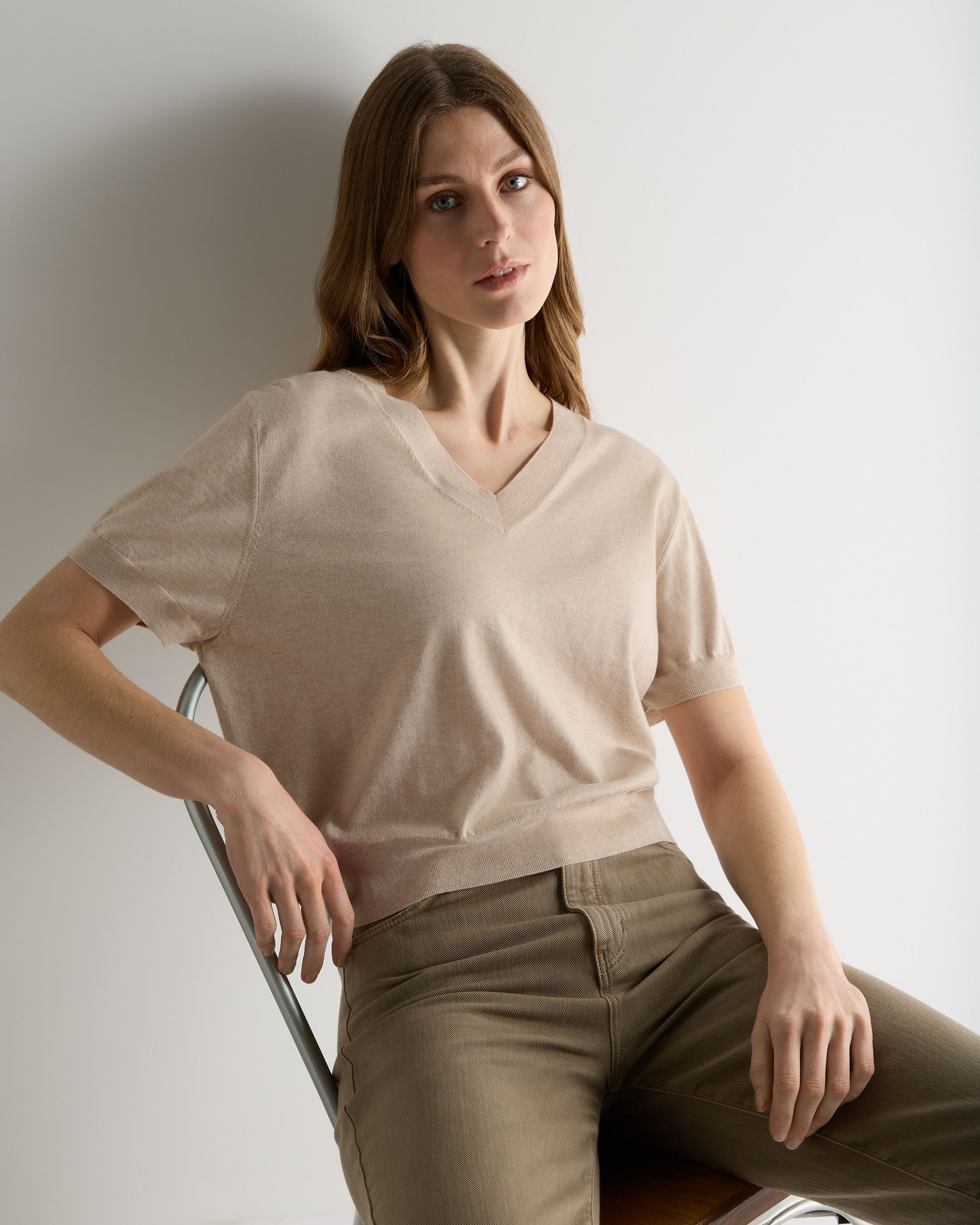 Image of Women's Cotton Blend V Neck Top Sandstone Brown