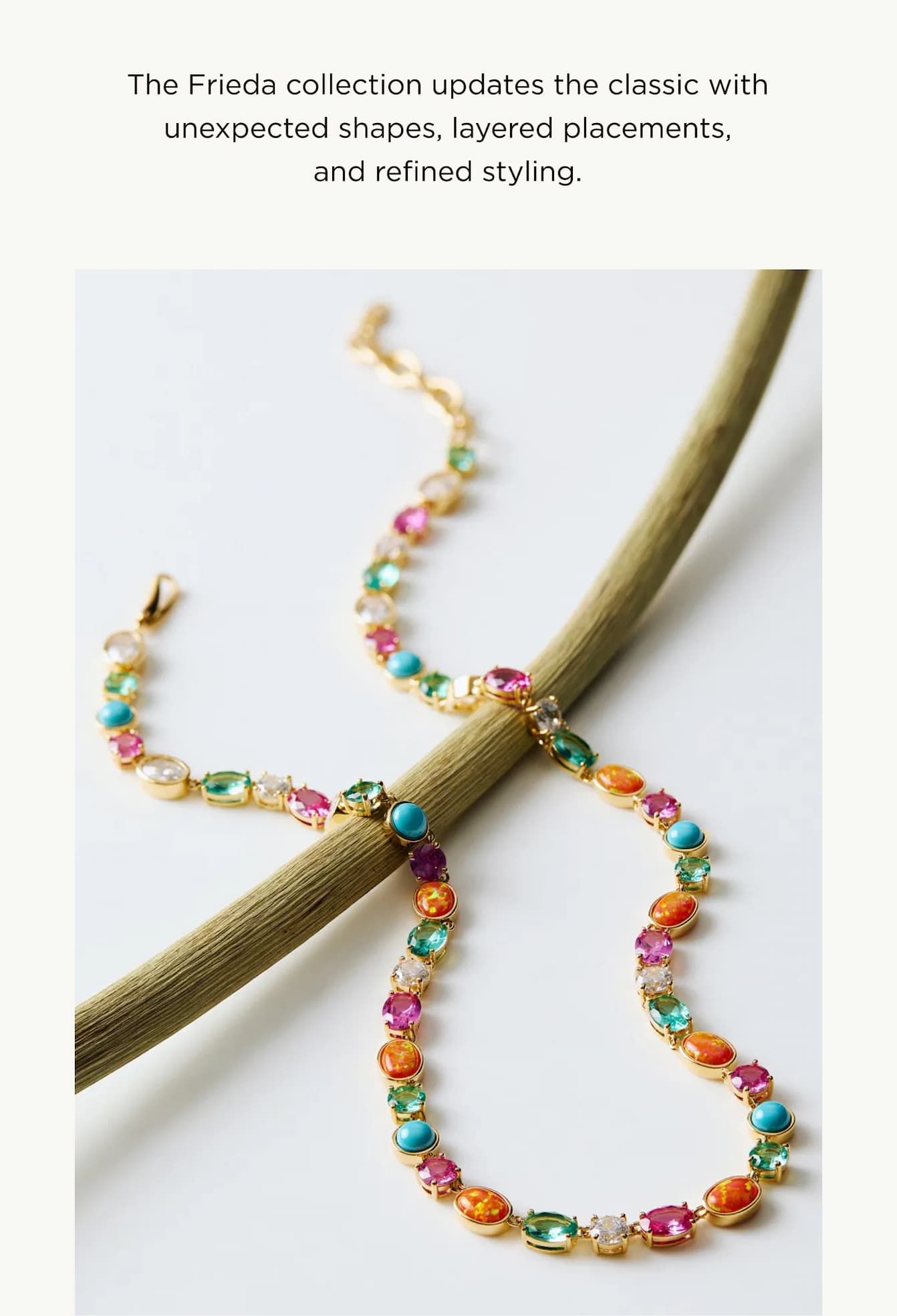The Frieda collection updates the classic with unexpected shapes, layered placements, and refined styling. Polished, feminine, and easy to wear.. image of frieda collar necklace on a flower stem.