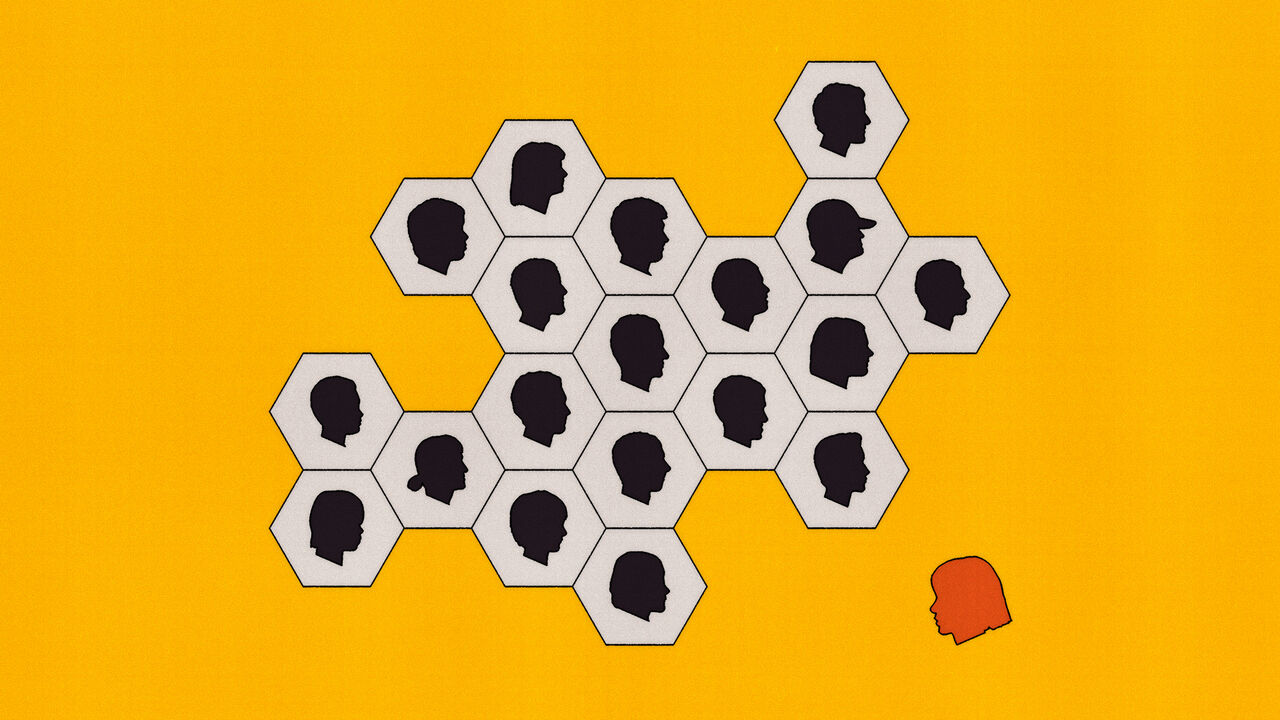 An illustration of a tessellation of hexagons each containing the silhouette of a face all looking towards one silhourtte on the outside.