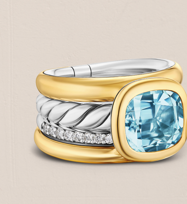 DY Mercer® Color Four Row Stone RingSterling Silver with 18K Yellow Gold, Sky Blue Topaz and Diamonds, 14mm