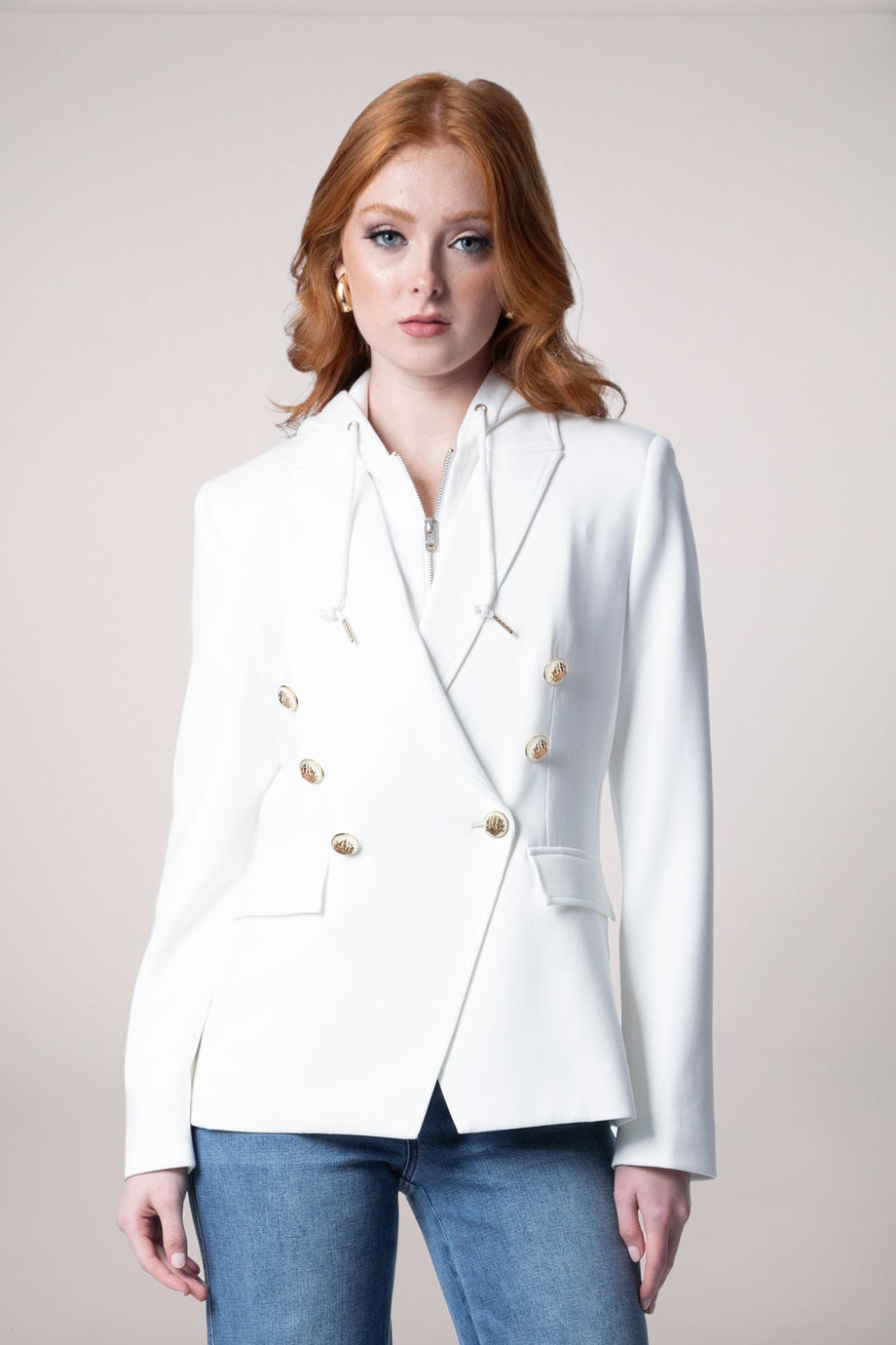 Helen Double Breasted Blazer With Removable Hoodie Insert -Whipped Cream