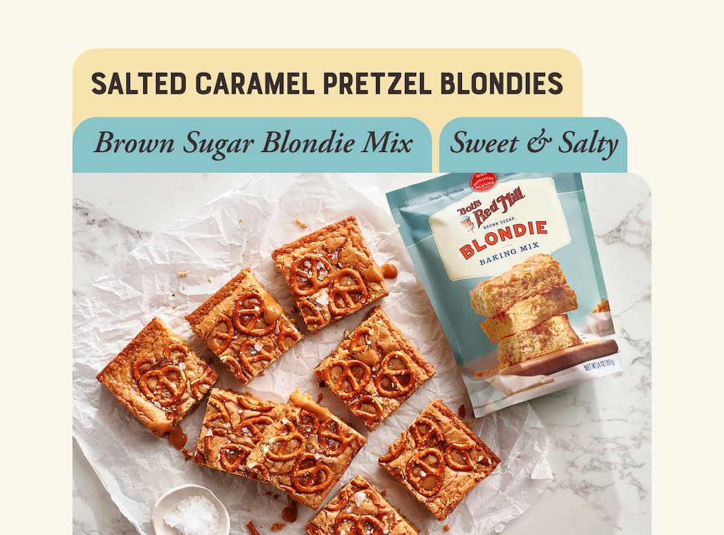 Salted Caramel Pretzel Blondies. Image of blondies sliced in squares next to a package of Brown Sugar Blondie Mix.